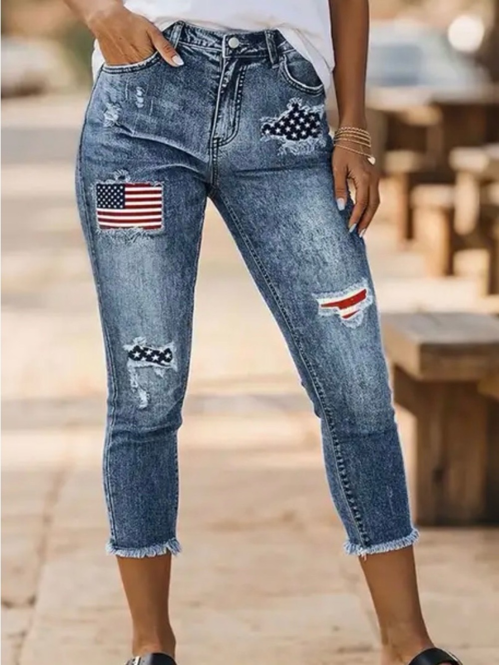 Flamingals Mid Rise Capri Skinny Jeans  - American Flag design - XL